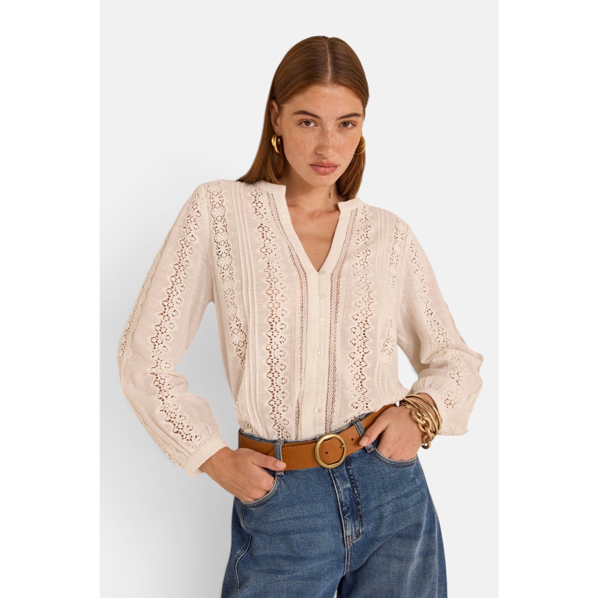 Blouse brodée à manches longues en coton MAGUY creme, Maison 123