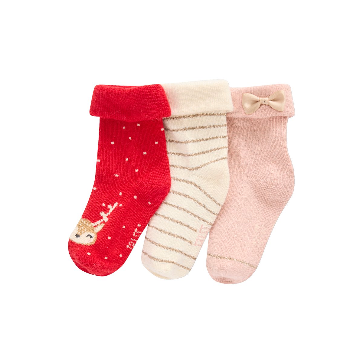 Coffret de 3 paires de chaussettes Noël bébé rose poudré, VERTBAUDET