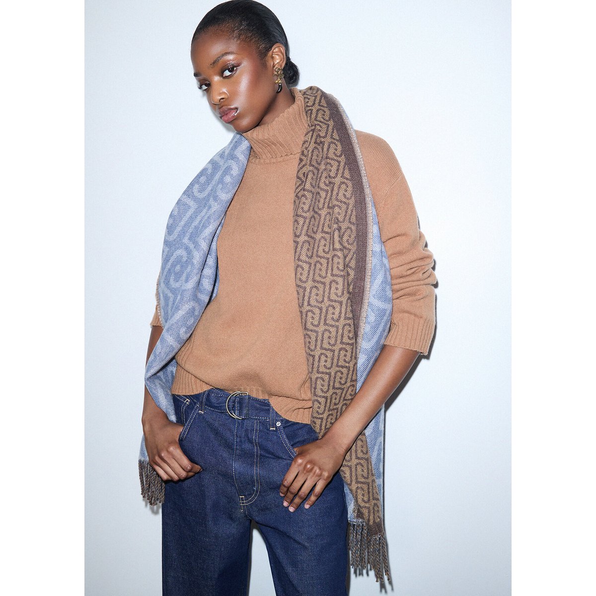 Étole monogramme avec franges denim bleu, LIU JO