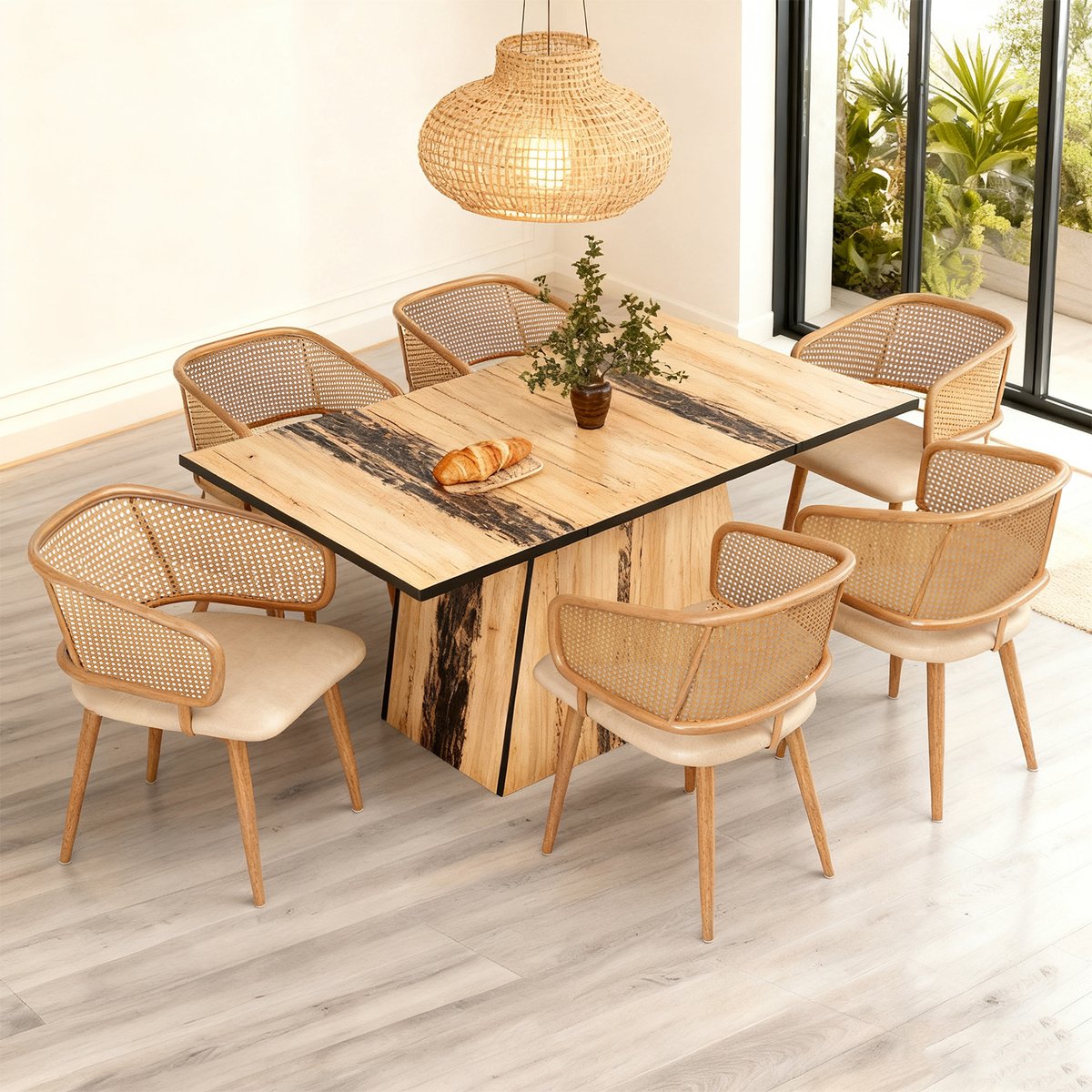 Lot de 6 chaises de salle à manger en velours avec dossier en rotin style moderne et confortable, DEWR beige, MEUBLES COSY