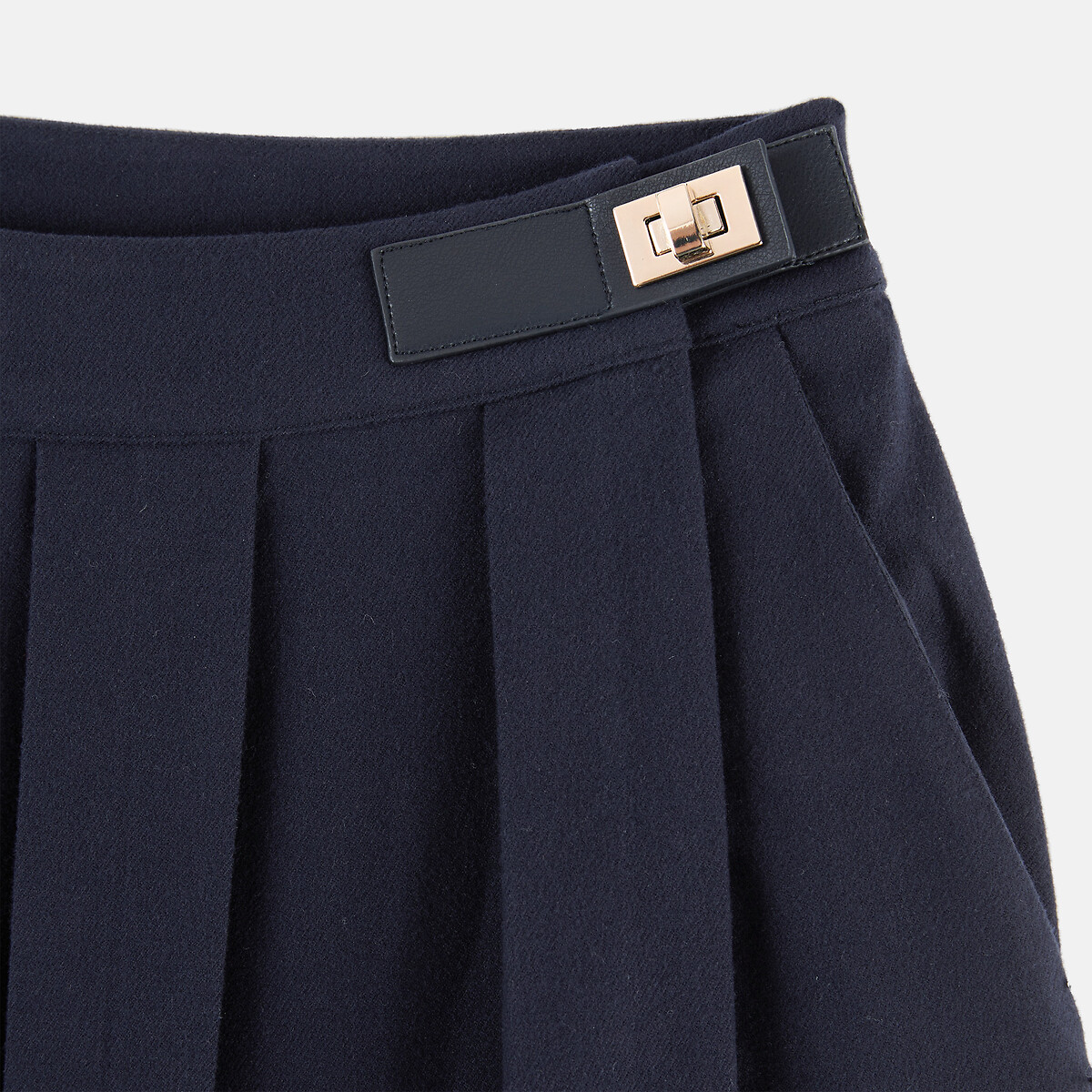Jupe midi évasée, à plis, effet flanelle bleu marine, ANNE WEYBURN