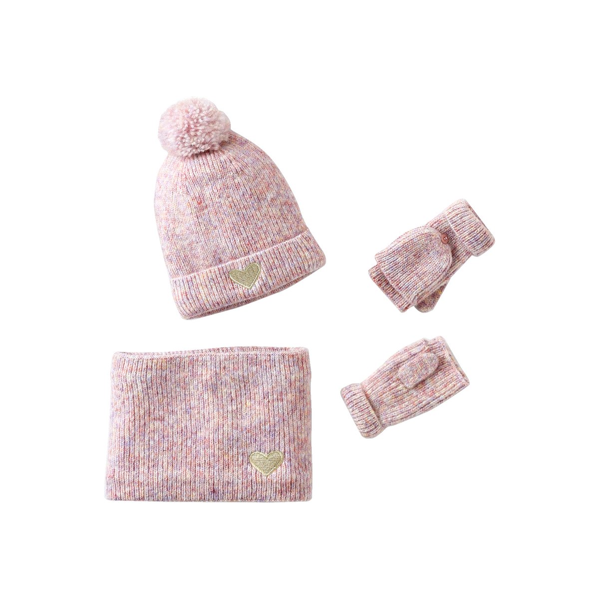 Ensemble bonnet, snood, moufles/mitaines avec badge coeur rose poudré, VERTBAUDET