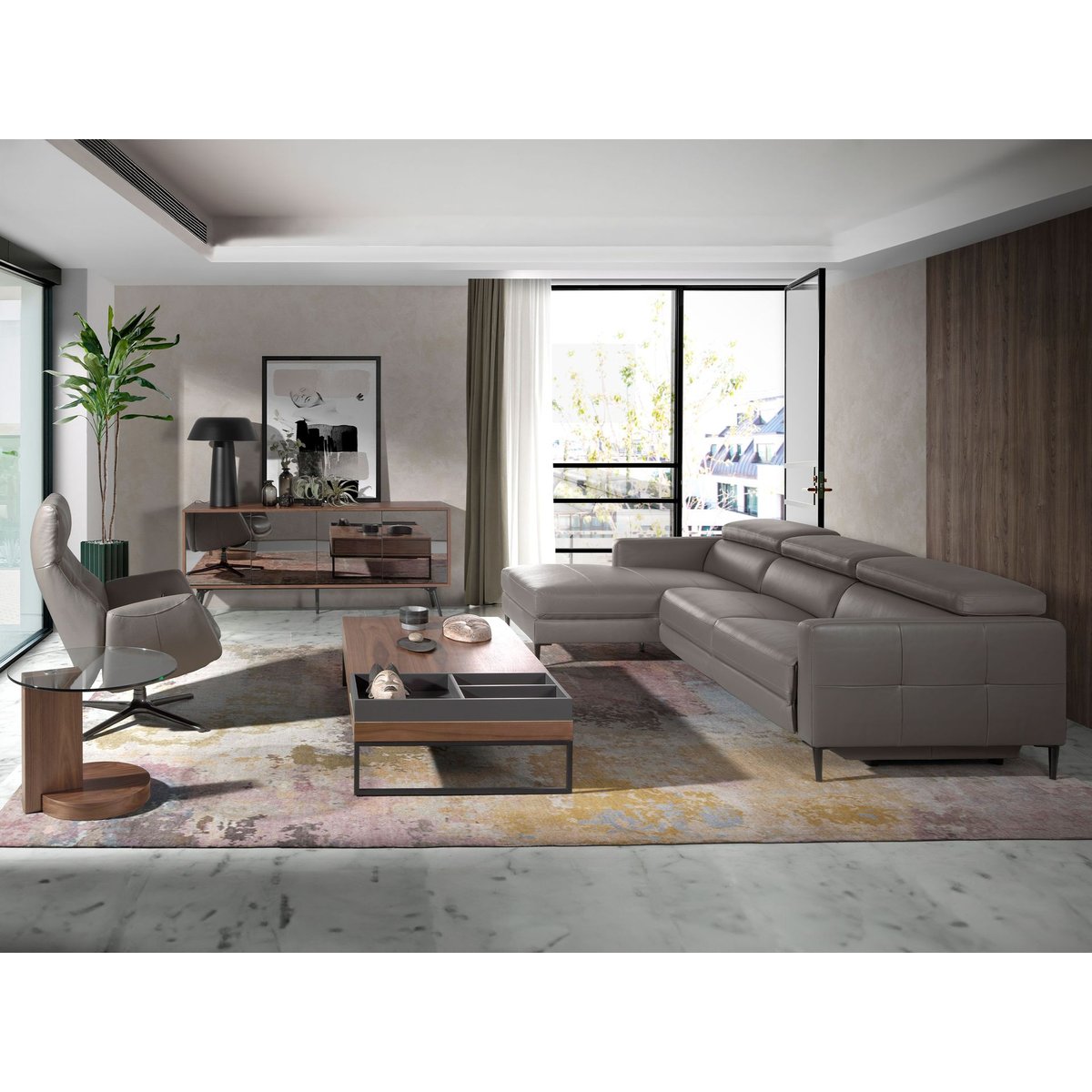 Canapé d'angle en cuir avec relax gris | acier, ANGEL CERDA