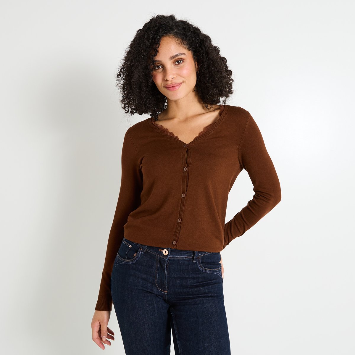Gilet col V ajouré marron, GRAIN DE MALICE