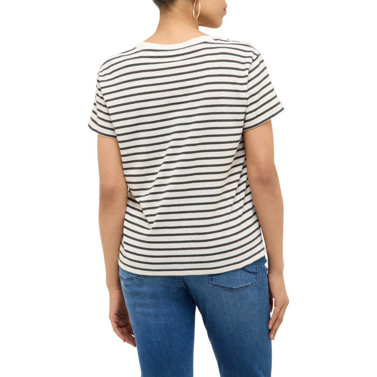 T-shirt en coton et lin mélangé blanc à rayures pourvu d'un col v blanc, MUSTANG