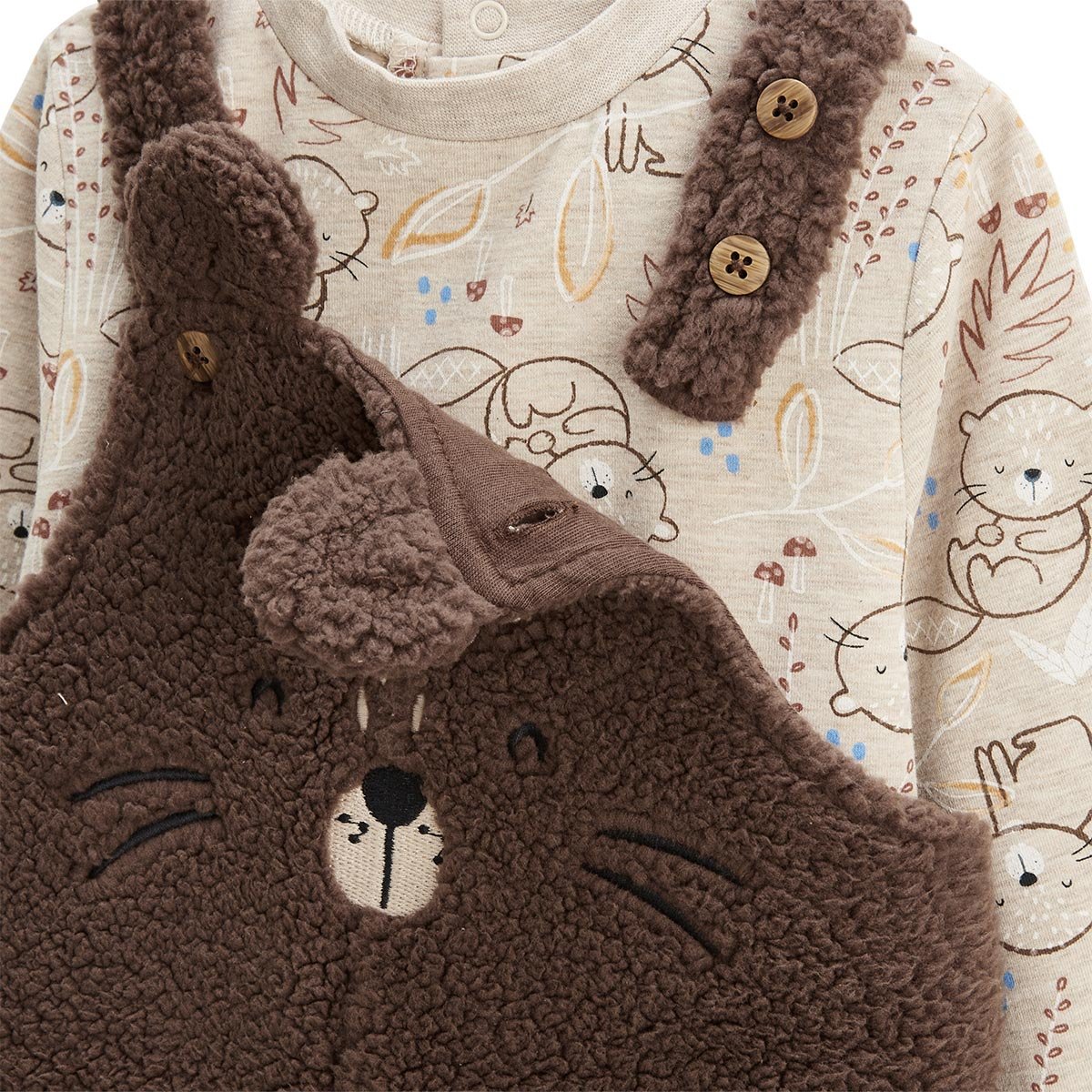 Ensemble salopette bébé en sherpa et t-shirt Cracotte marron, PETIT BEGUIN