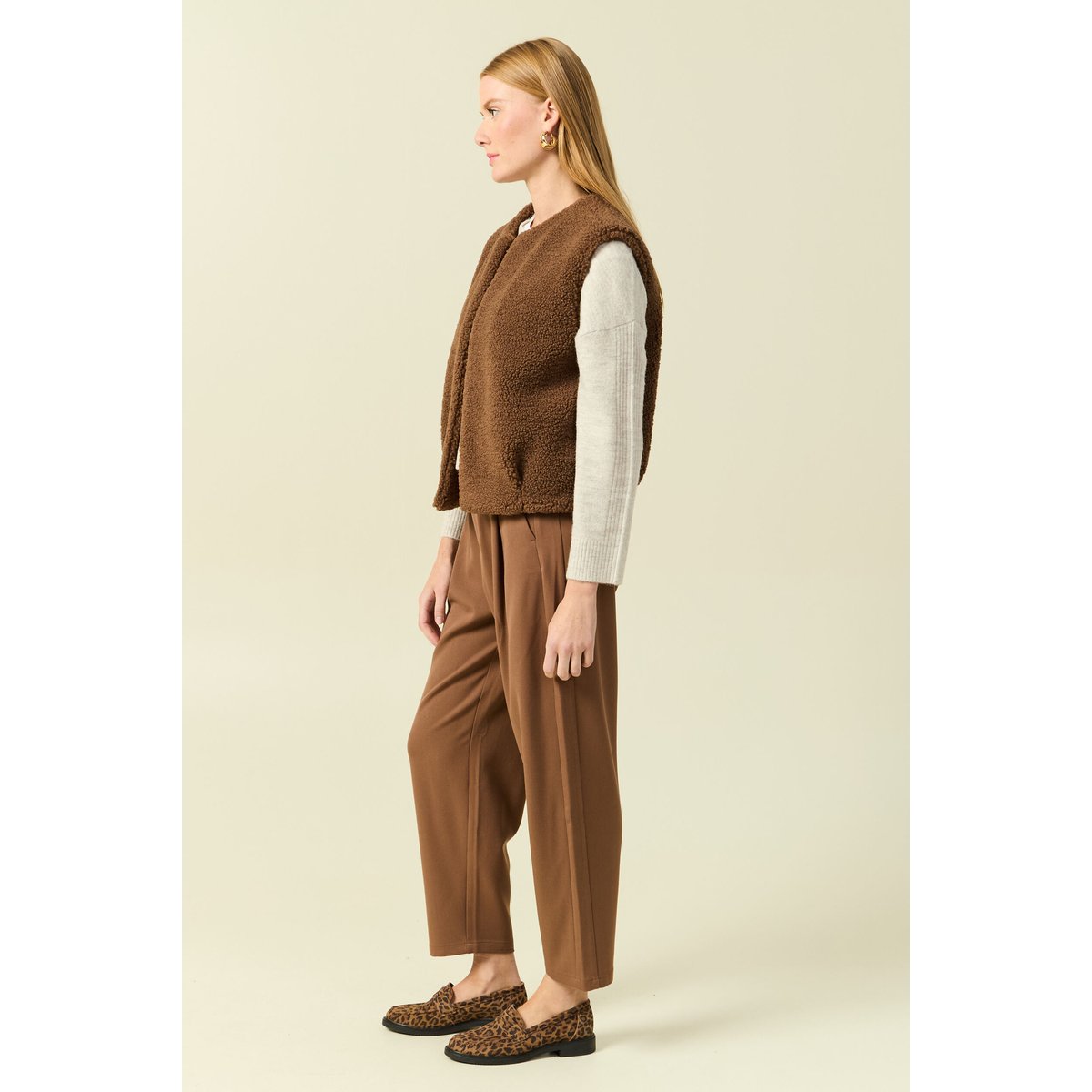 Gilet sans manches bouclette col rond marron, BONOBO