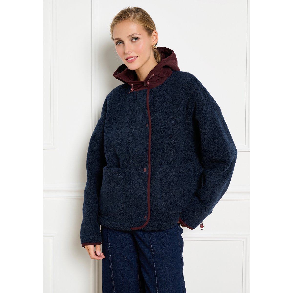 Veste sherpa à capuche bleu marine, LOLALIZA