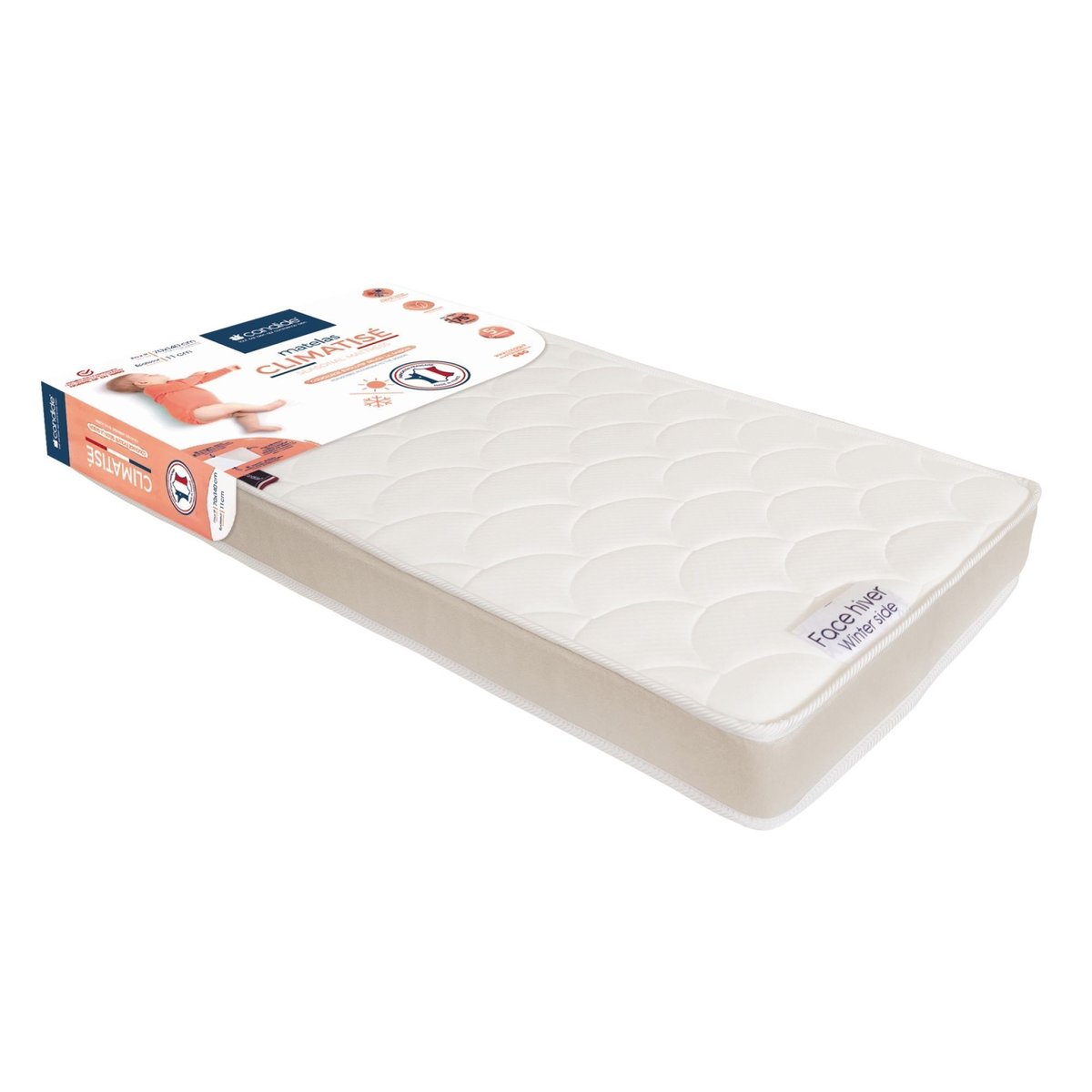 Pack Matelas bébé climatisé + alèse blanc + drap housse blanc blanc, CANDIDE