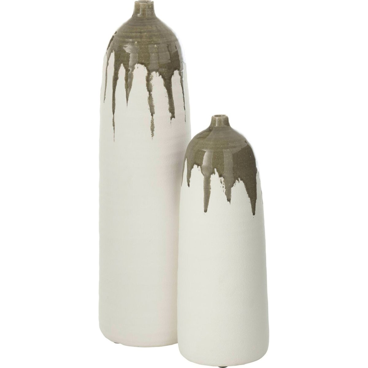 Vase bouteille en poterie fait main vert olive et blanc, RECOLLECTION