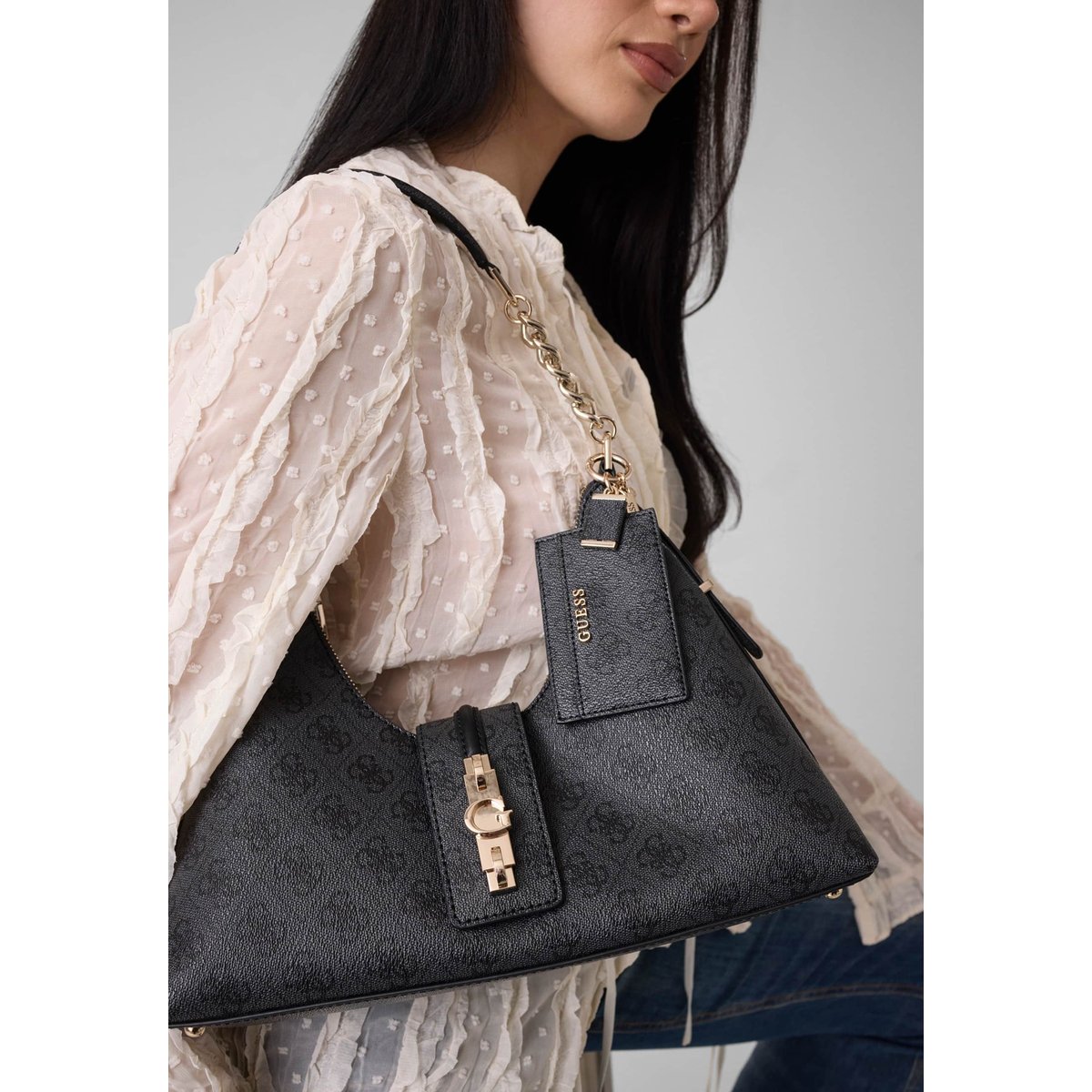 Sac Hobo Logo Yvonne gris, GUESS