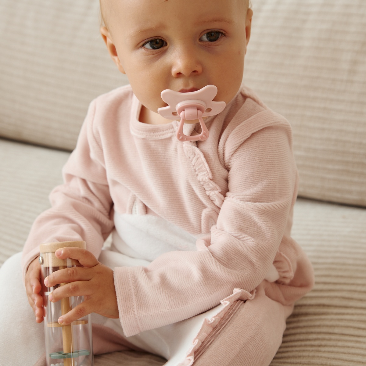 Pyjama bébé en velours ouverture zippée Miette rose, PETIT BEGUIN