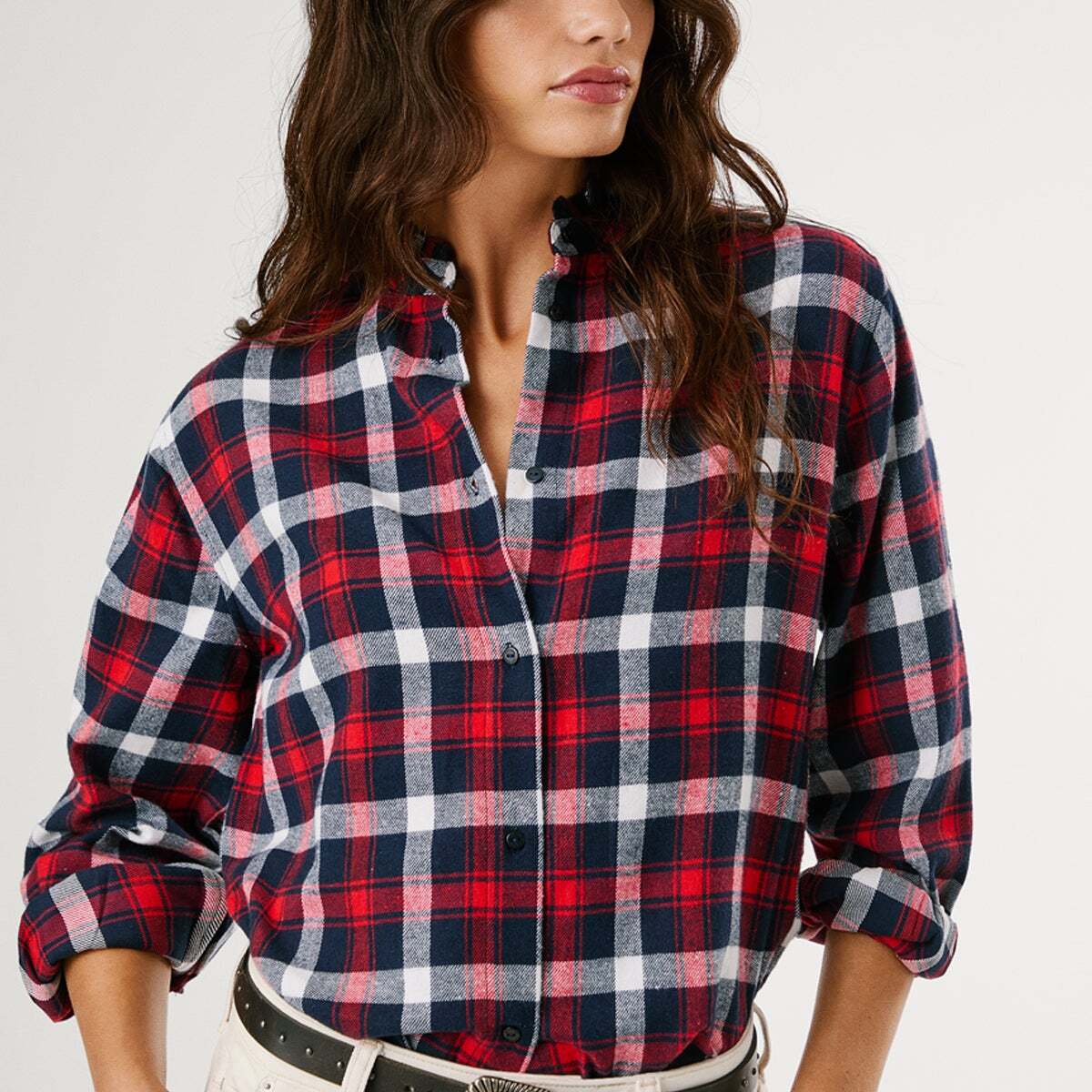 Blouse À Col Mao À Carreaux rouge, PEPE JEANS