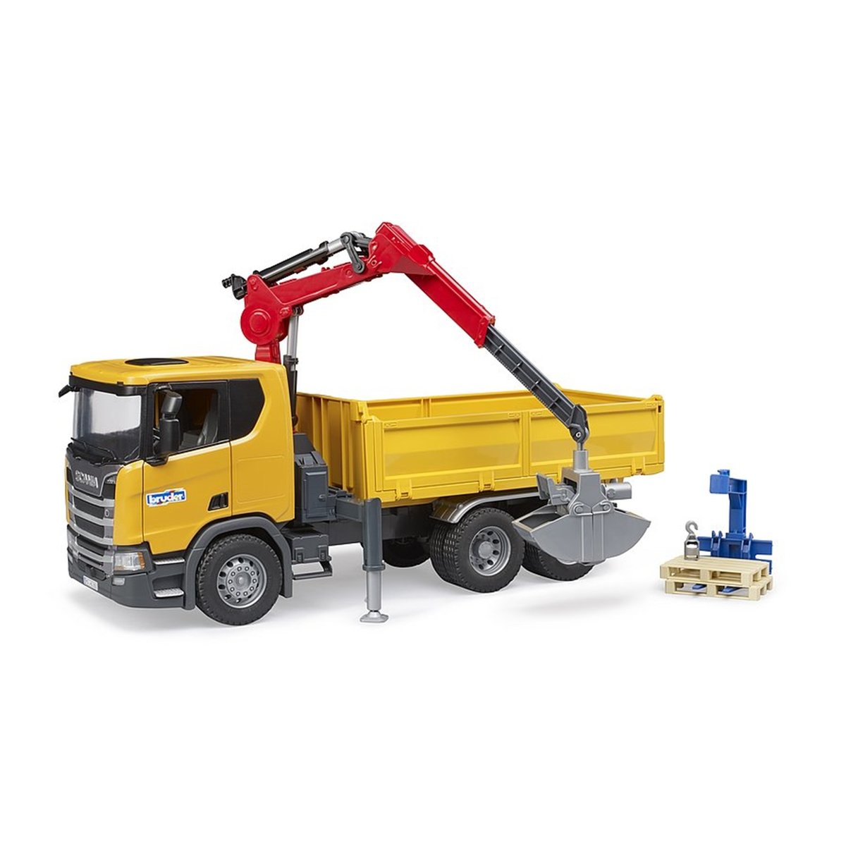 Camion de chantier Scania Super 560R avec grue et 2 palettes jaune, BRUDER