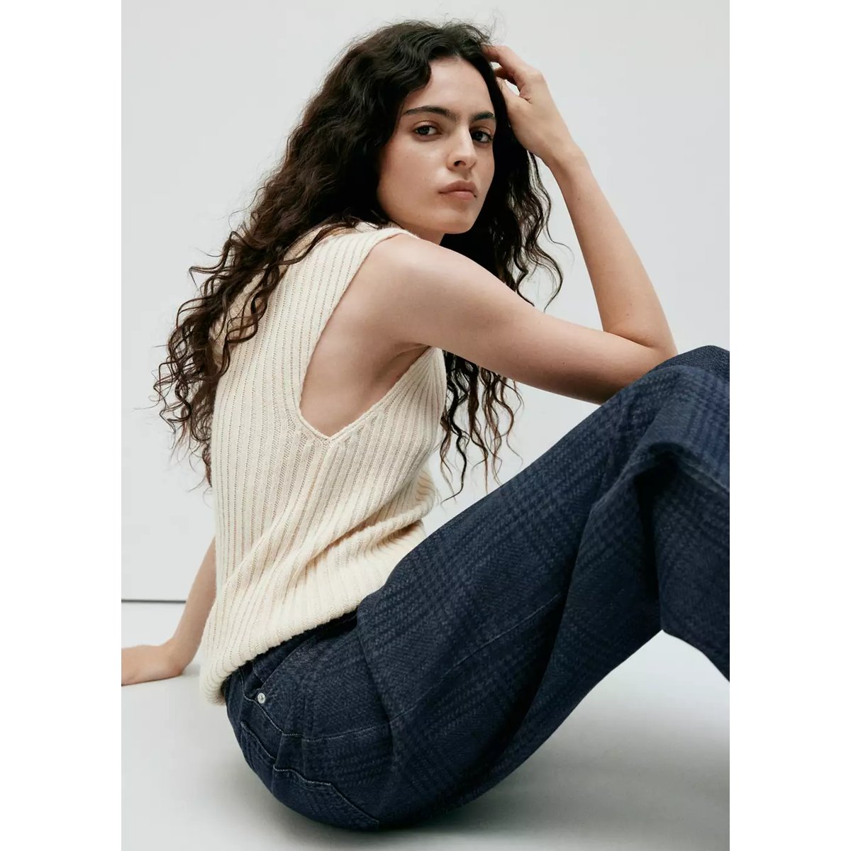 Jean wide leg à carreaux bleu, MANGO