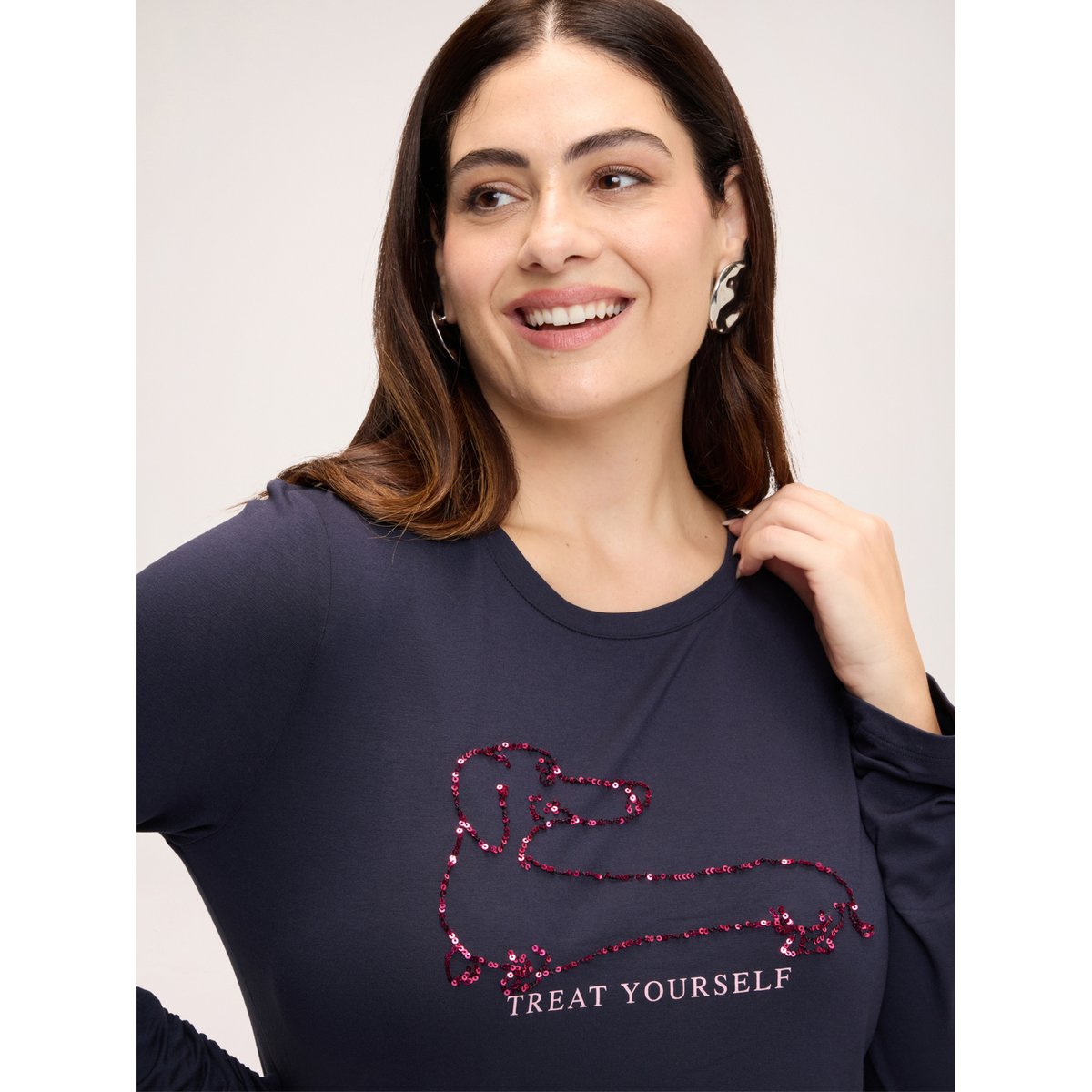 T-shirt avec teckel en paillettes et inscription bleu, FIORELLA RUBINO