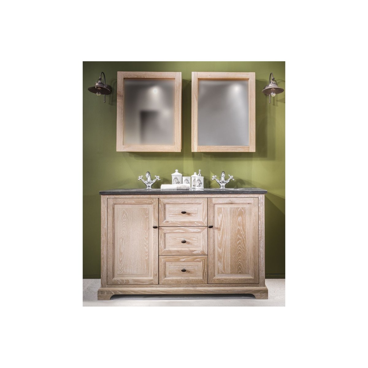 Meuble double vasque en chêne blanchie L140 et 2 miroirs (ensemble) - VIENNE II bois clair, HELLIN, DEPUIS 1862