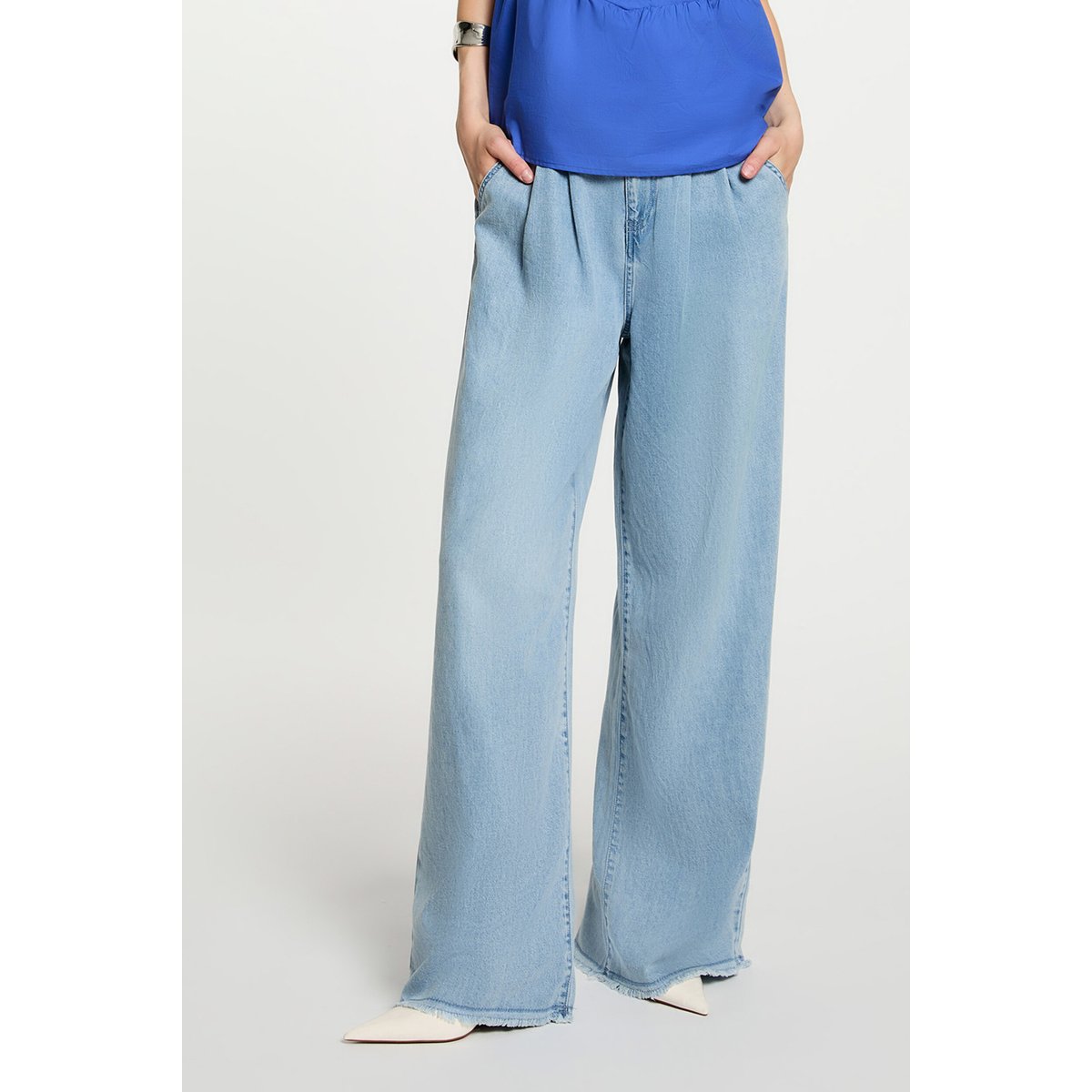 Jean large taille haute denim bleach, MORGAN