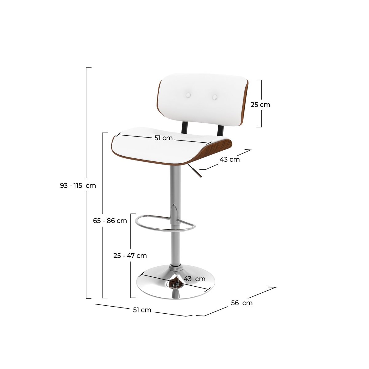 Chaise de bar réglable 65/86 cm en cuir synthétique - MELCHIOR blanc pied chrome, MAISON PAVANE