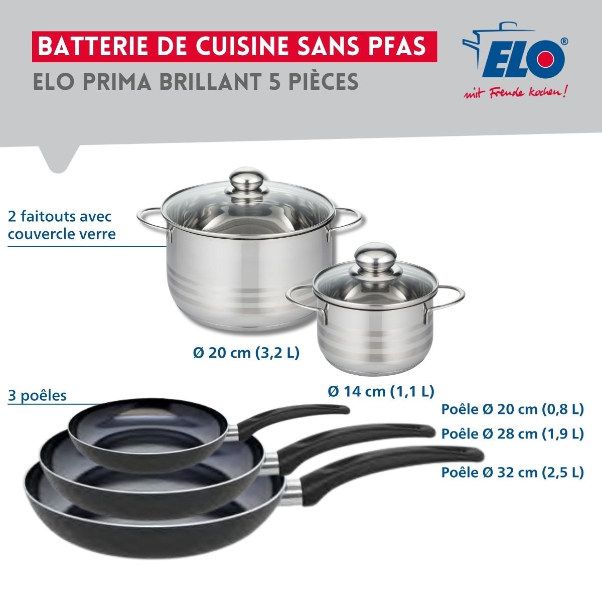 Batterie 3 poêles 20/28/32cm + 2 faitouts 14/20cm PRIMA BRILLANT noir, ELO