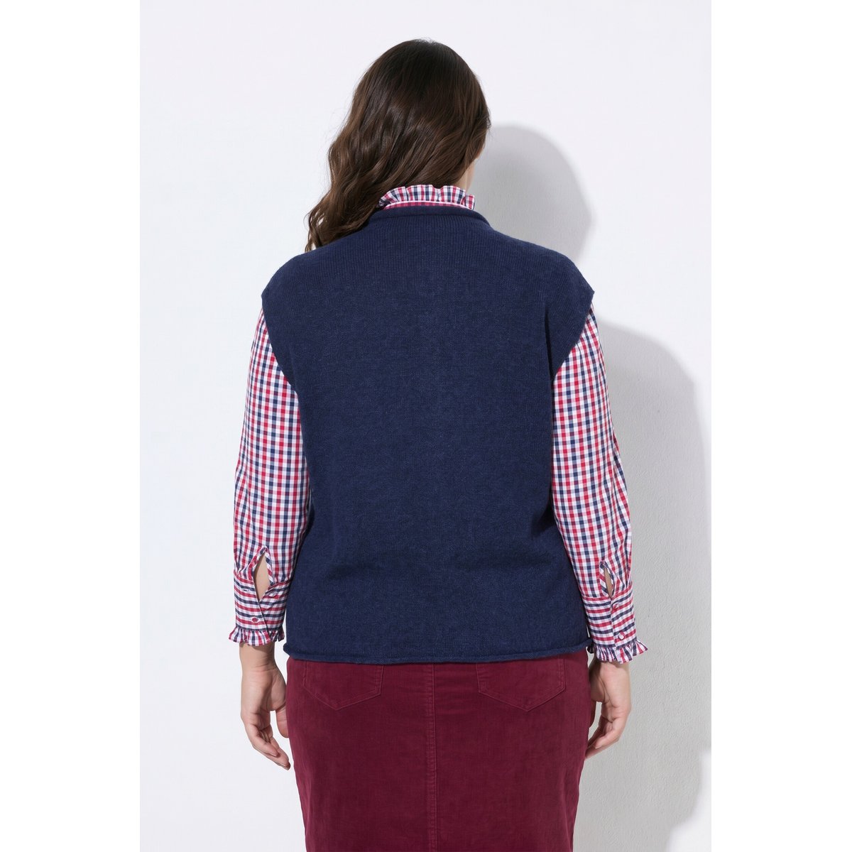 Gilet en maille, bords roulottés et col rond marine, ULLA POPKEN