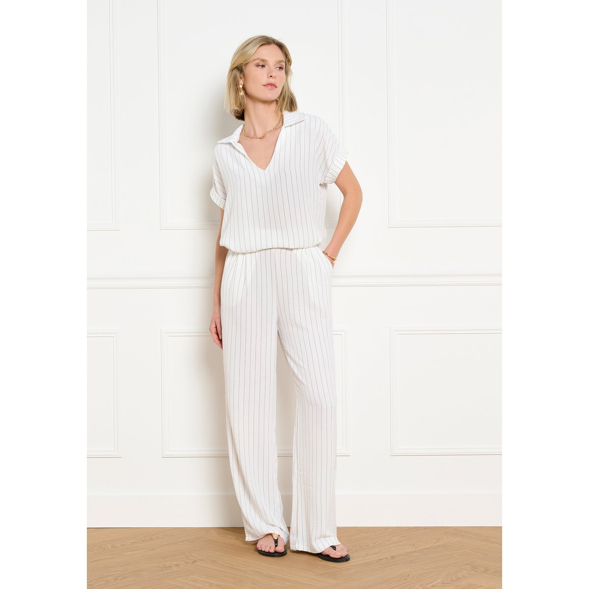 Pantalon large fluide rayé blanc vanille, LOLALIZA