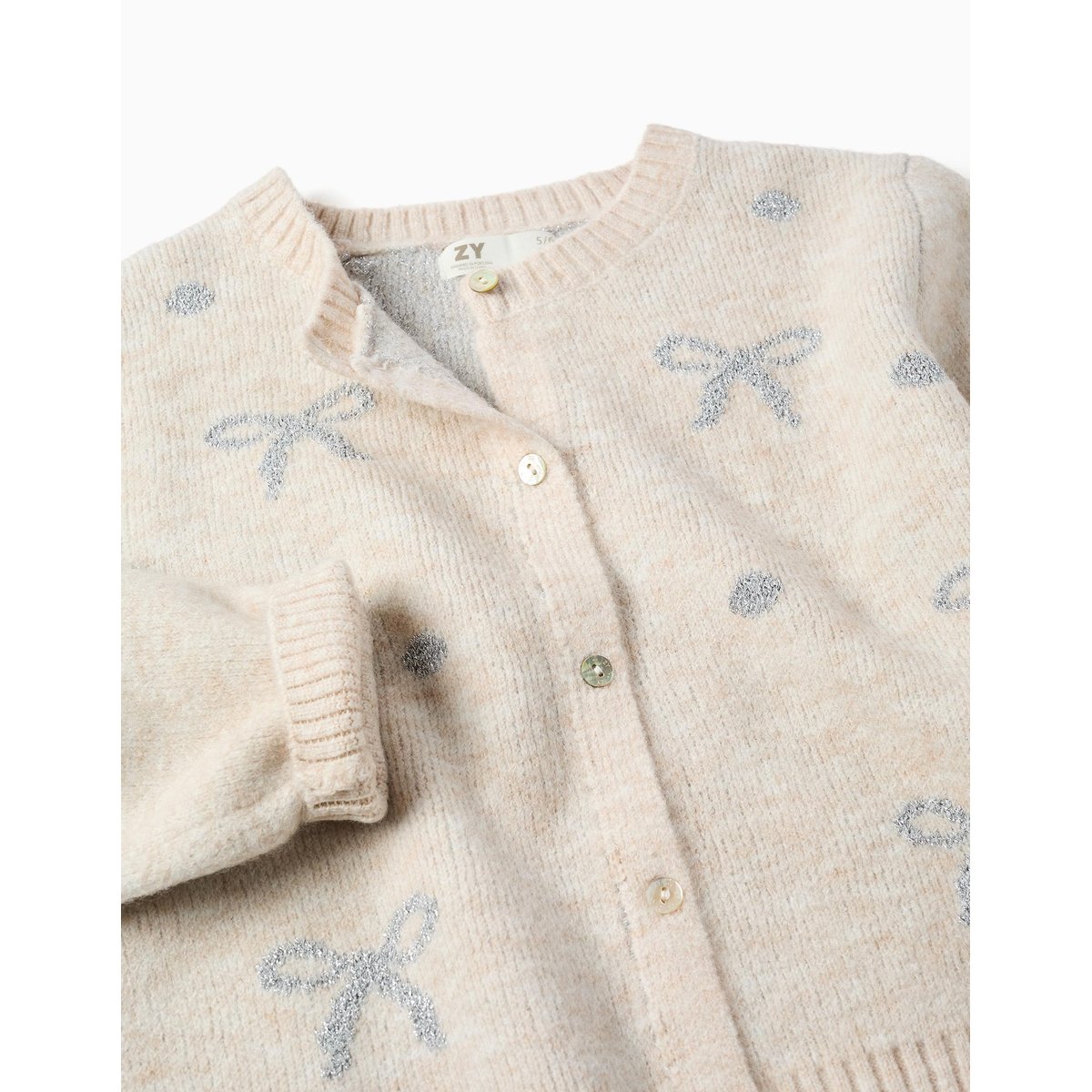 Cardigan en maille avec nœuds et pois jacquard beige clair, ZIPPY