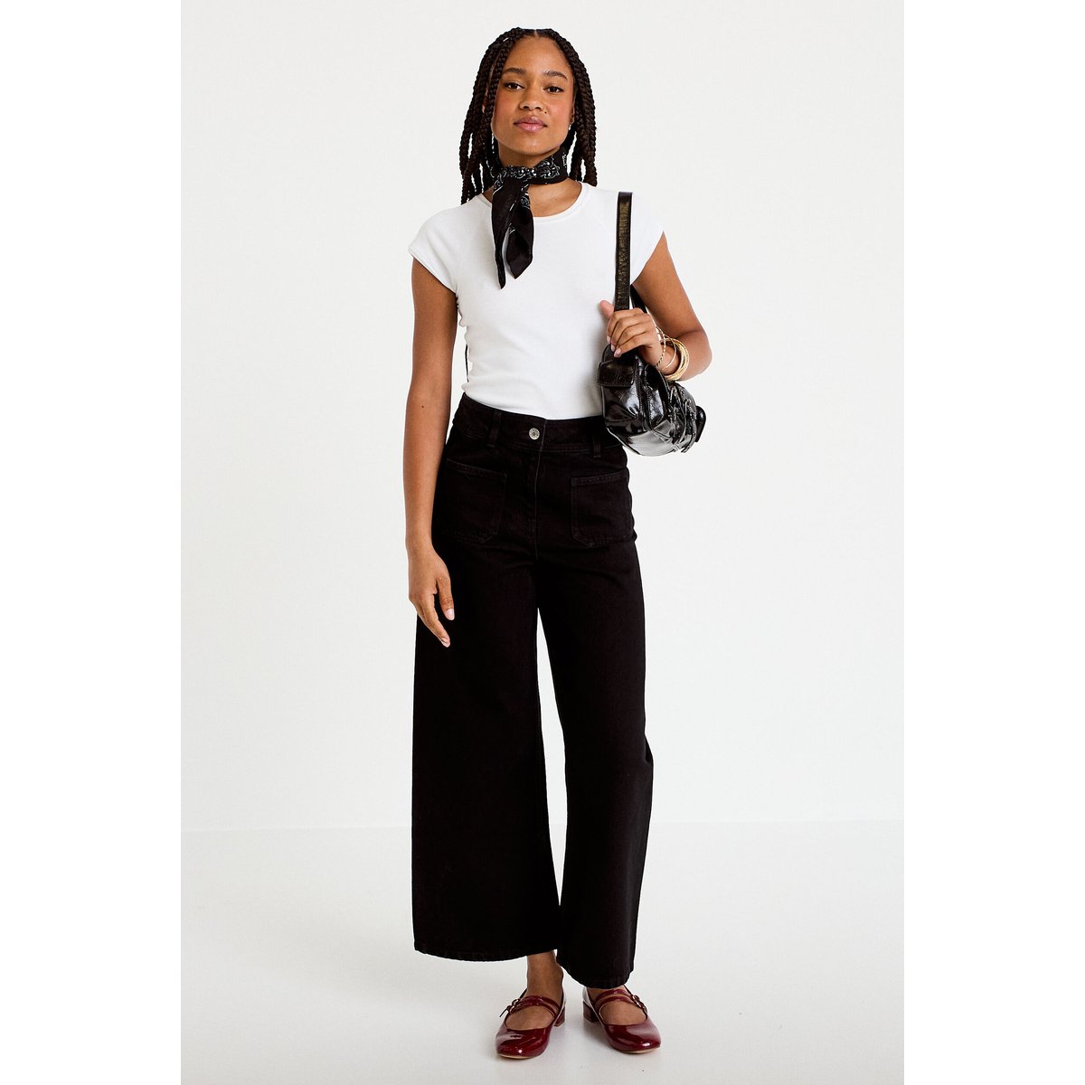 Jean wide leg cropped taille haute denim noir, CACHE CACHE