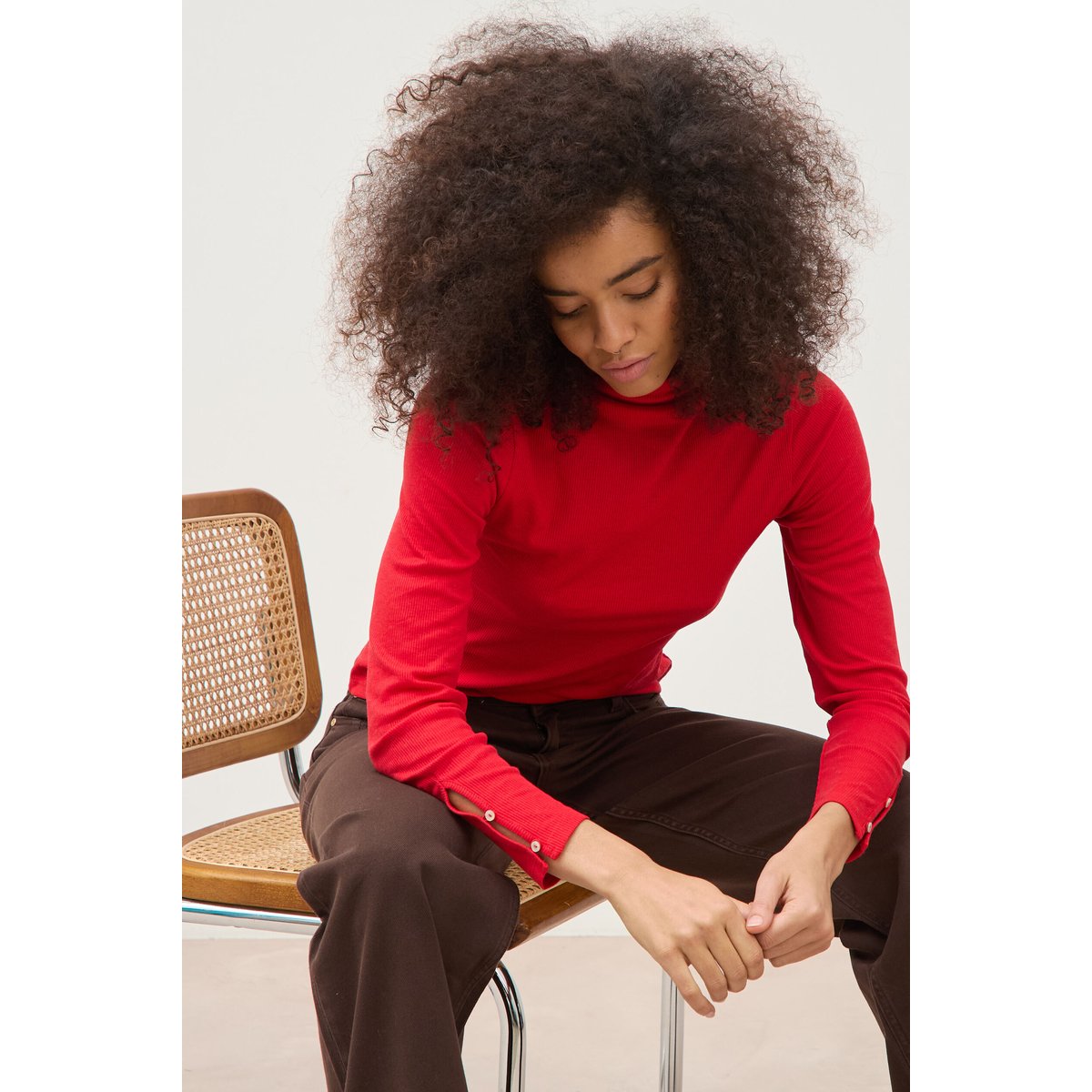 T-shirt cintré manches longues rouge, BONOBO