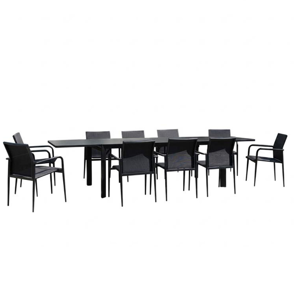 Ensemble 8/12p alu/verre, 10 fauteuils MODULO noir, WILSA GARDEN