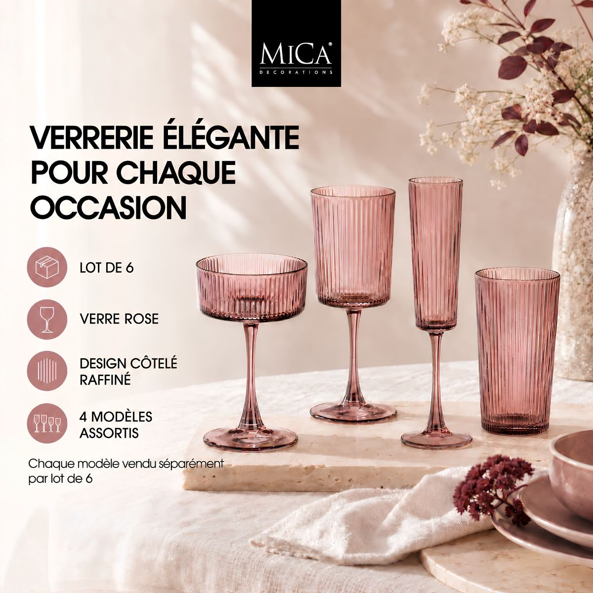 Verre de champagne GRIGIO rose, MICA DECORATIONS