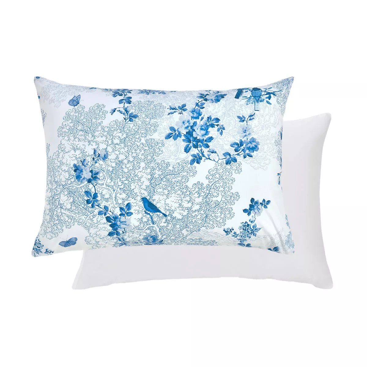 Taie d'oreiller percale de coton VOLIERE bleu, GARNIER THIEBAUT