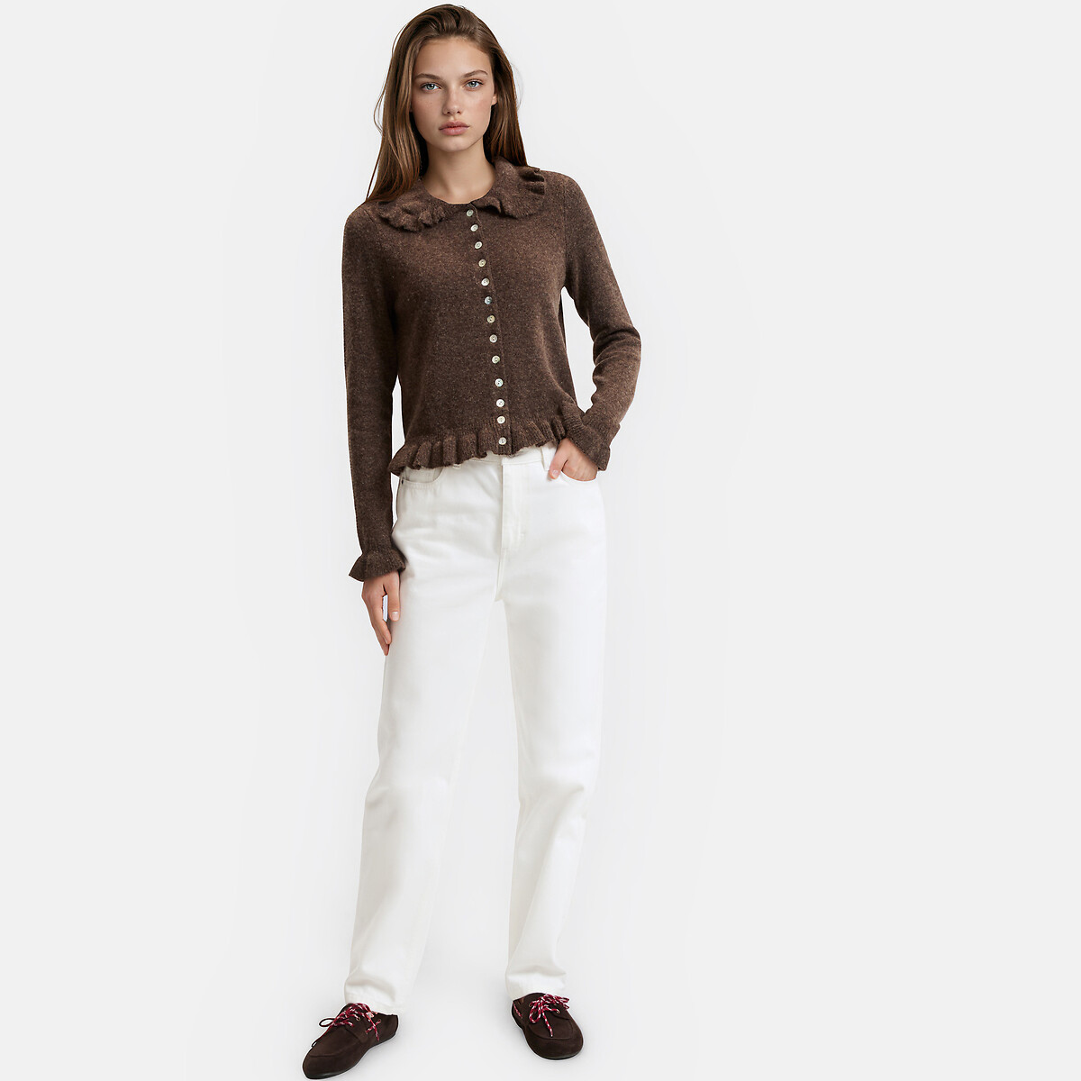 Cardigan col Claudine avec détails volants marron, LA REDOUTE COLLECTIONS