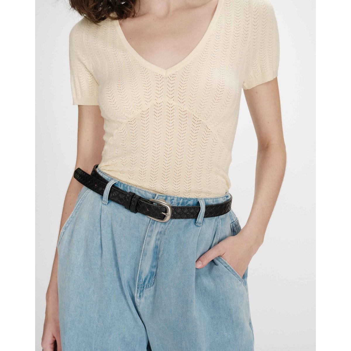 Ceinture en cuir tressée boucle argentée noir Villette noir, GRACE & MILA