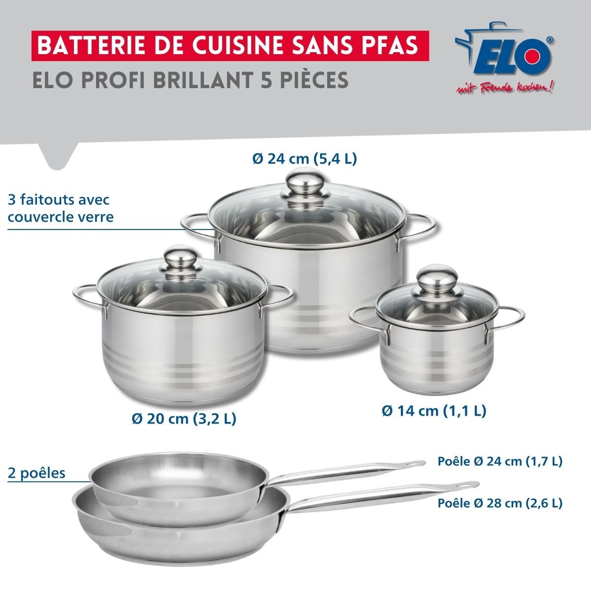 Batterie 2 poêles 24/28cm + 3 faitouts 14/20/24cm PROFI BRILLANT gris, ELO