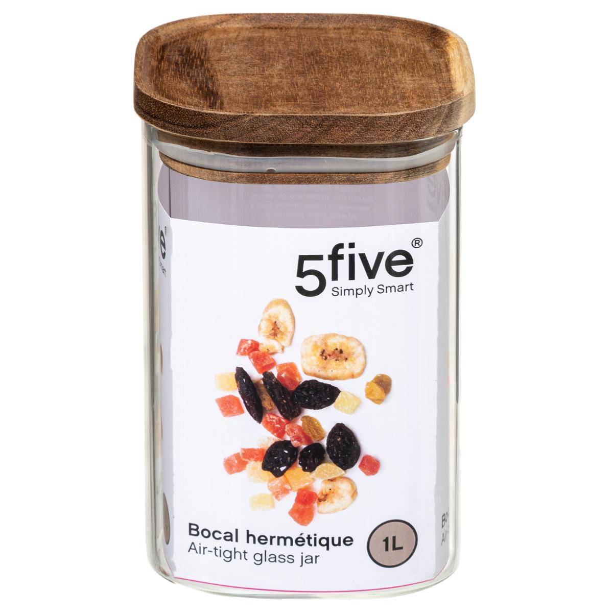 Bocal verre couvercle acacia 1L HERMET transparent, 5FIVE SIMPLY SMART