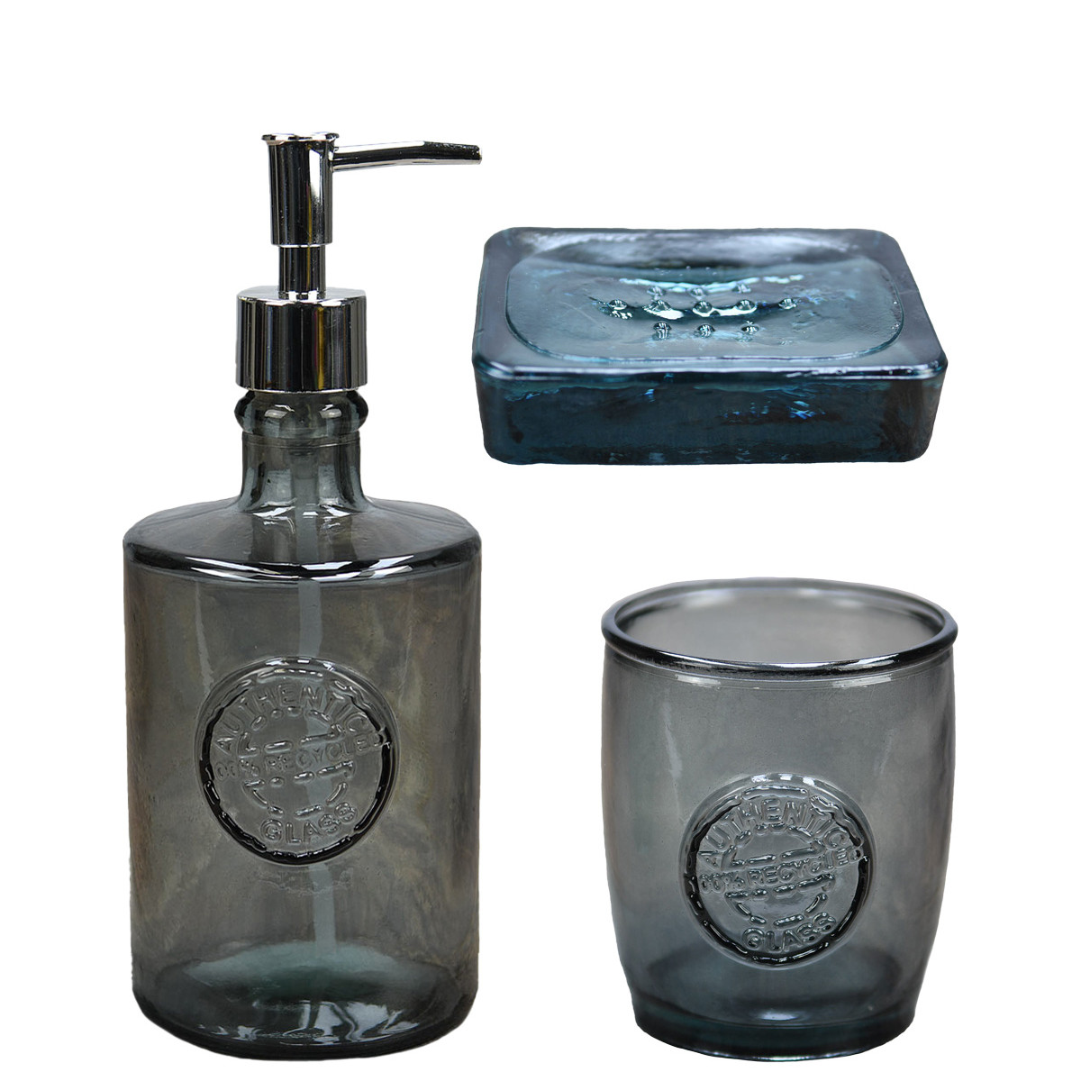 Set accessoires salle de bain en verre recyclé AUTHENTIC silver gris, SENSEI MAISON