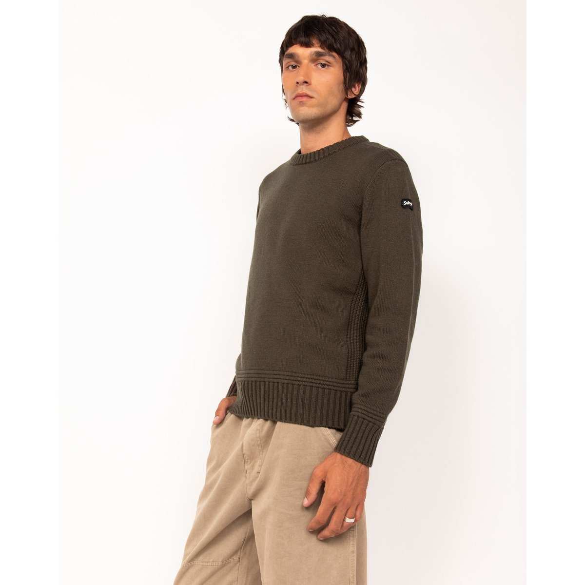 Pull col rond maille fantaisie kaki foncé, SCHOTT