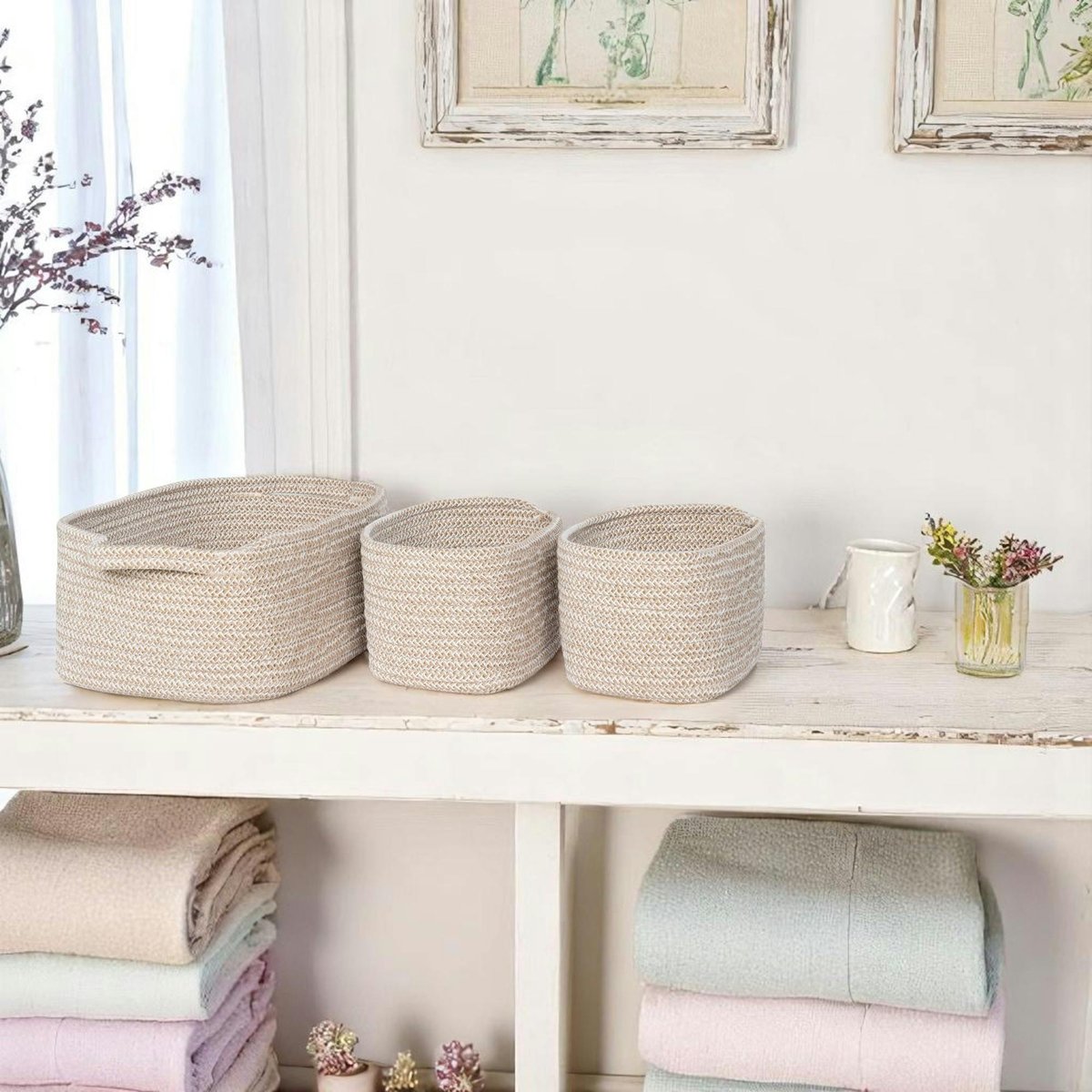 Panier de rangement en coton beige pour la maison (lot de 3) beige, PIER IMPORT