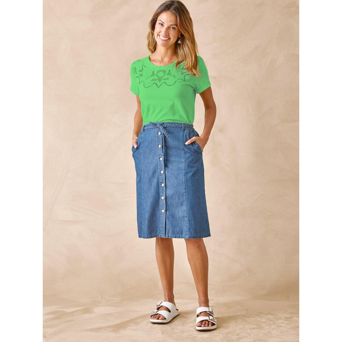 Tee-shirt fantaisie brodé et ajouré vert vif, DAXON