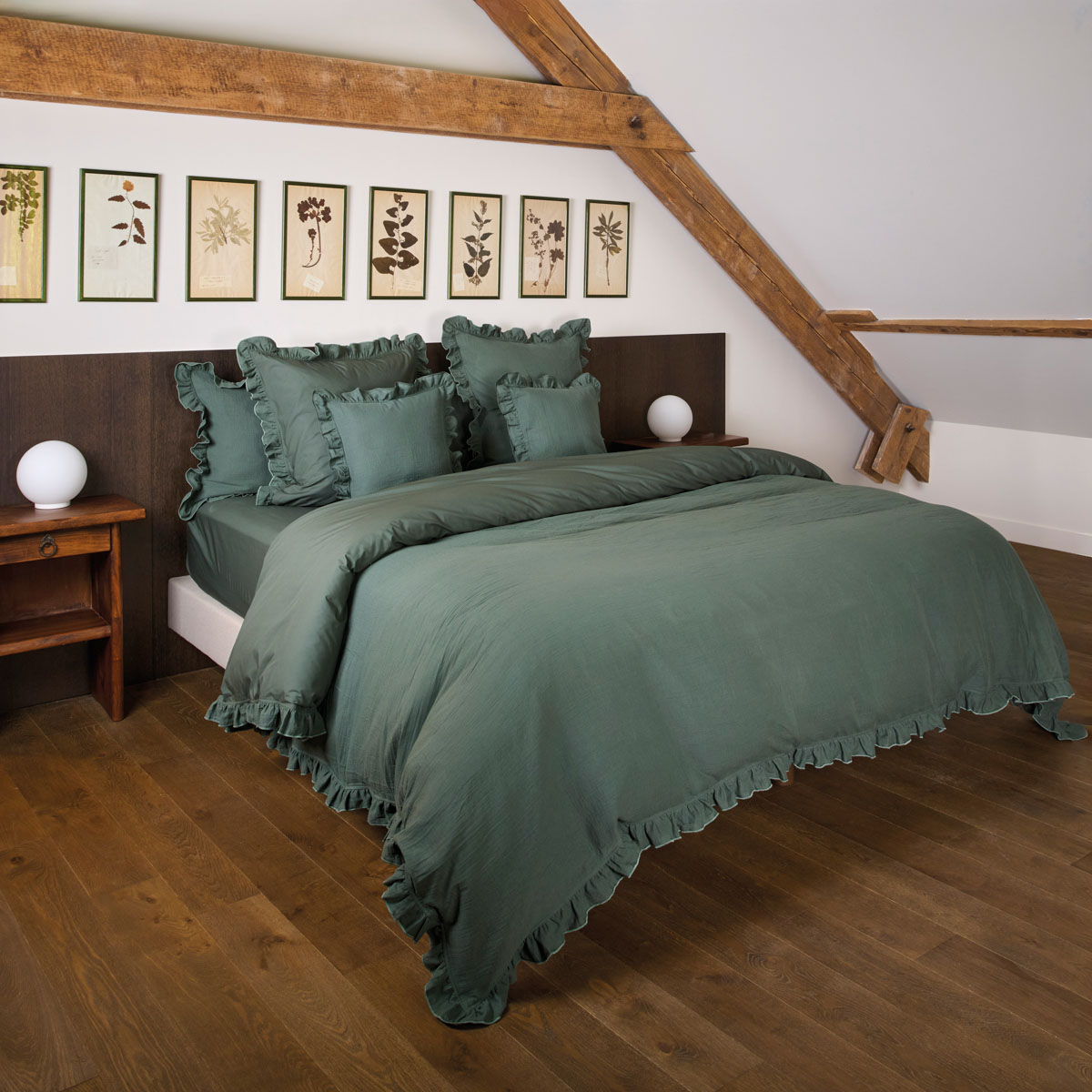 Housse De Couette Gaze De Coton Et Percale De Coton - ENTRE DEUX vert sapin, TRADITION DES VOSGES