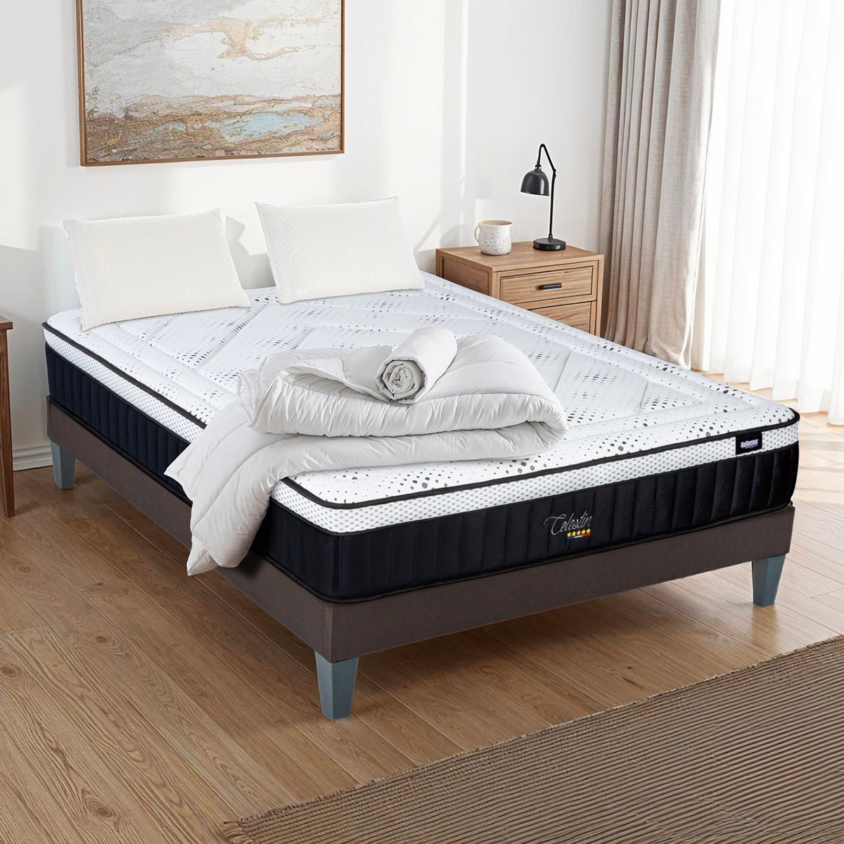 BELLECOUR LITERIE | Pack Prêt à dormir CELESTIN 2.0 160x200 cm | Matelas Mémoire de forme + Sommier + Accessoires blanc, BELLECOUR