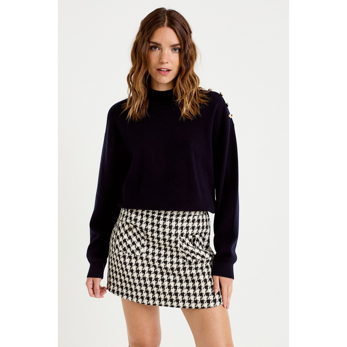 Jupe-short trapèze tweed taille haute noir, CACHE CACHE