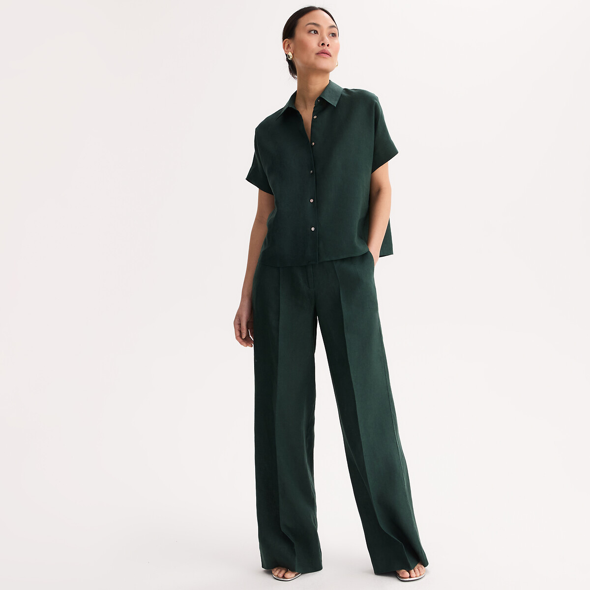 Pantalon large en lin  vert foncé, ANNE WEYBURN