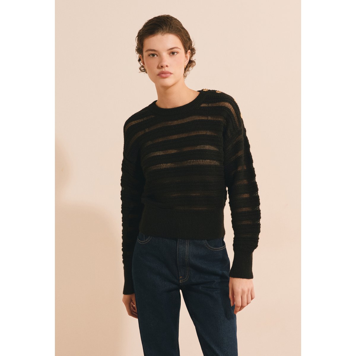 Pull manches longues avec boutons dorés SALVATORE noir, ETAM
