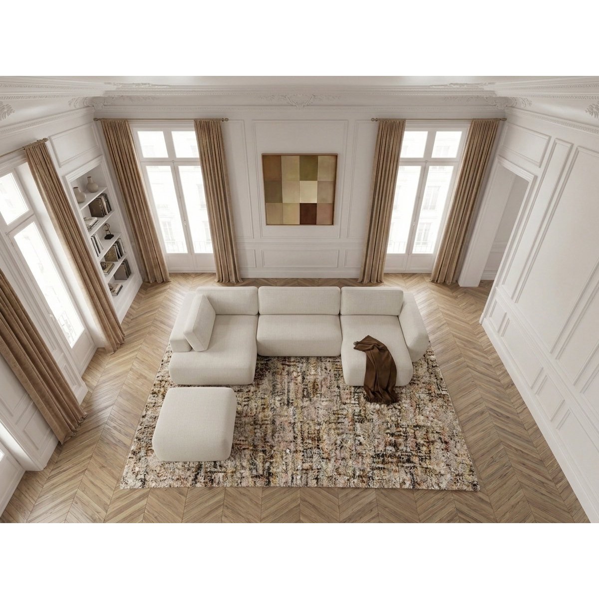 Canapé panoramique convertible 6 places en tissu texturé avec pouf, DENISE blanc, BOBOCHIC