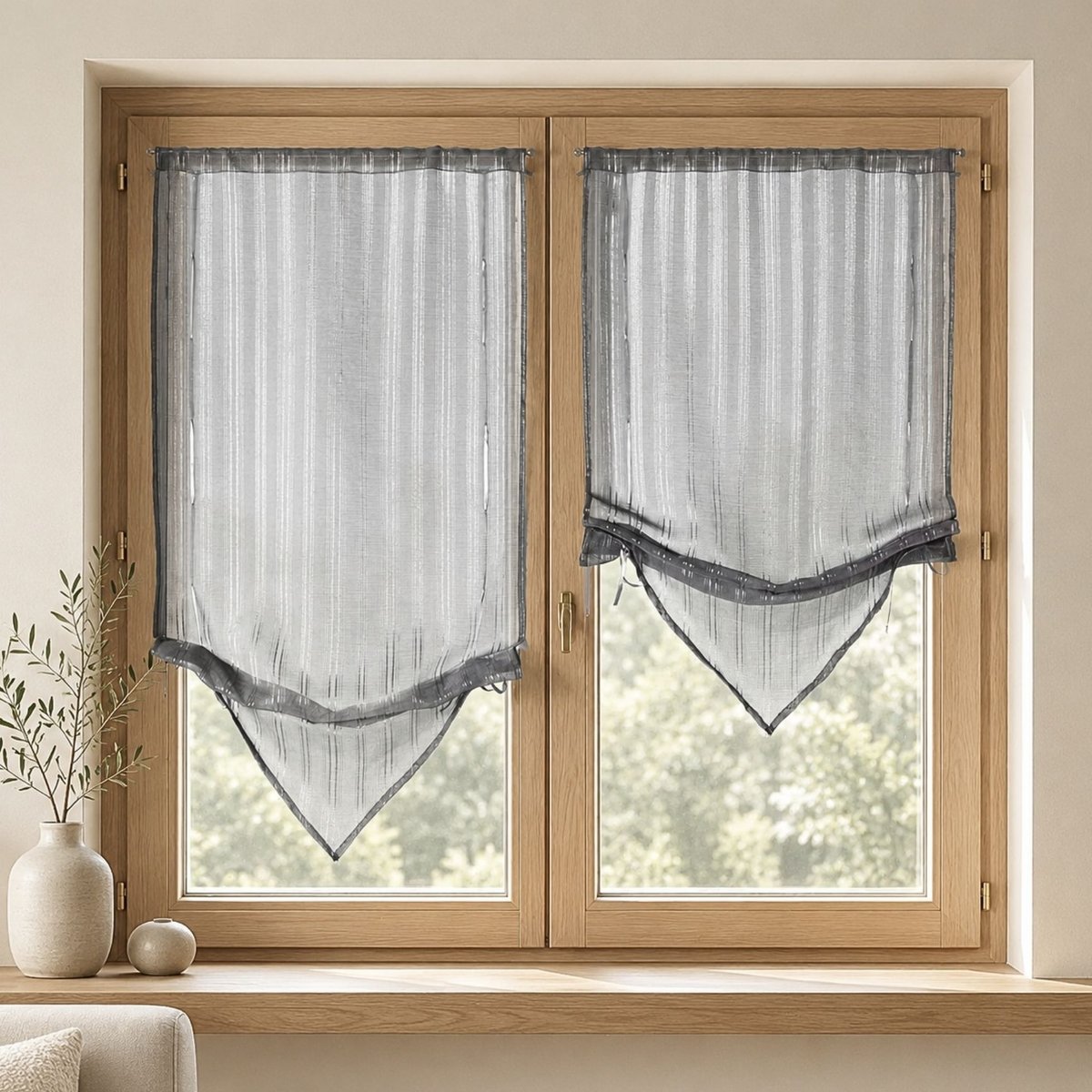 Paire de stores voilages à pointes avec fils fil textile gris clair, HOME MAISON
