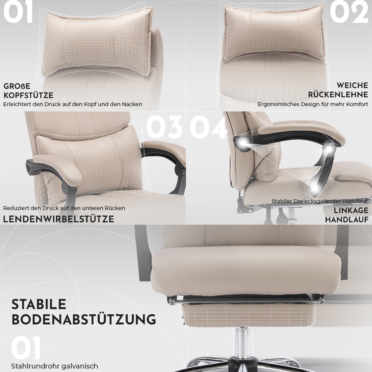 Fauteuil de bureau ergonomique pivotant avec double soutien lombaire et hauteur réglable, ABBOOTE kaki, MEUBLES COSY