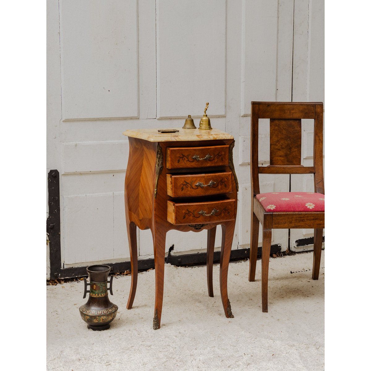 Meuble d'appoint en bois et marbre Francine N°963 - Bon état bois foncé, DEBONGOUT