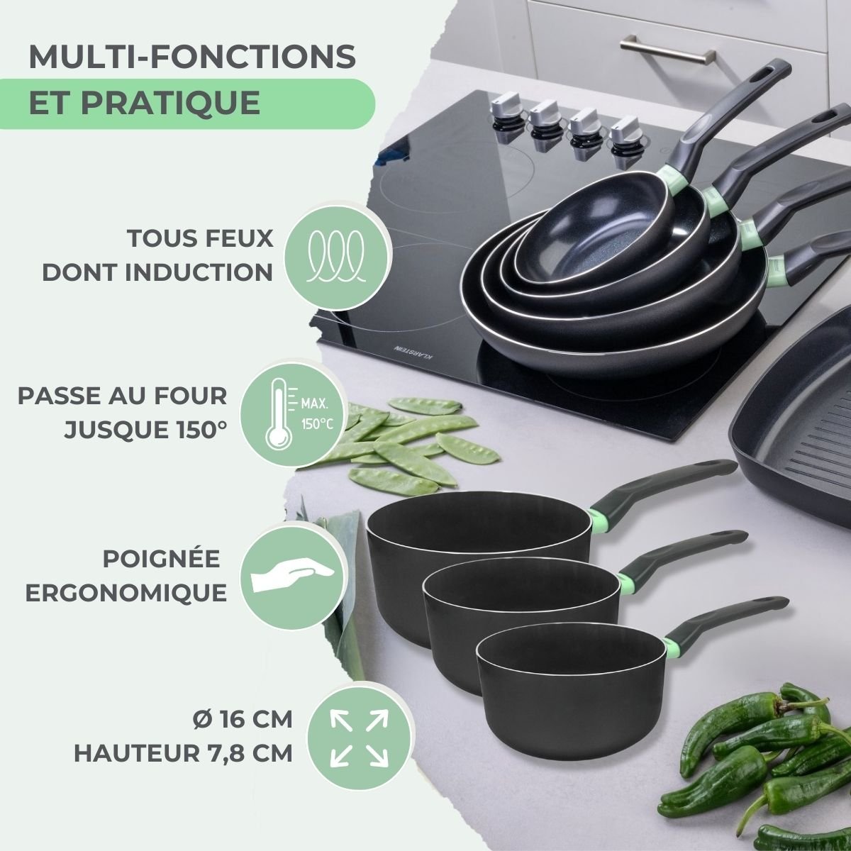 Batterie de cuisine 1 casserole 16cm BRANDAO vert,noir, FACKELMANN